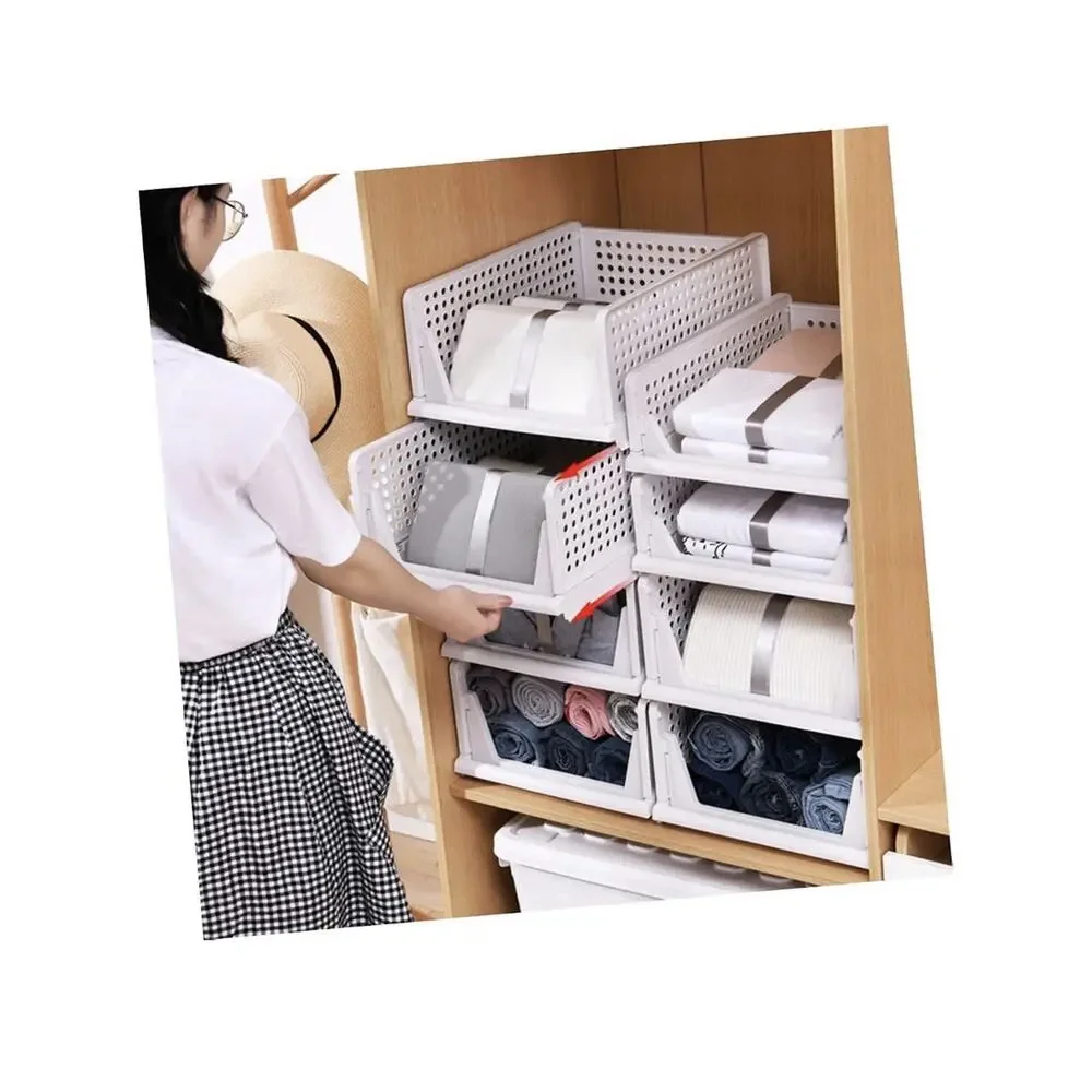 Stackable Plastic Storage Basket Foldable Closet Organizer Drawer Wardrobe Bins
